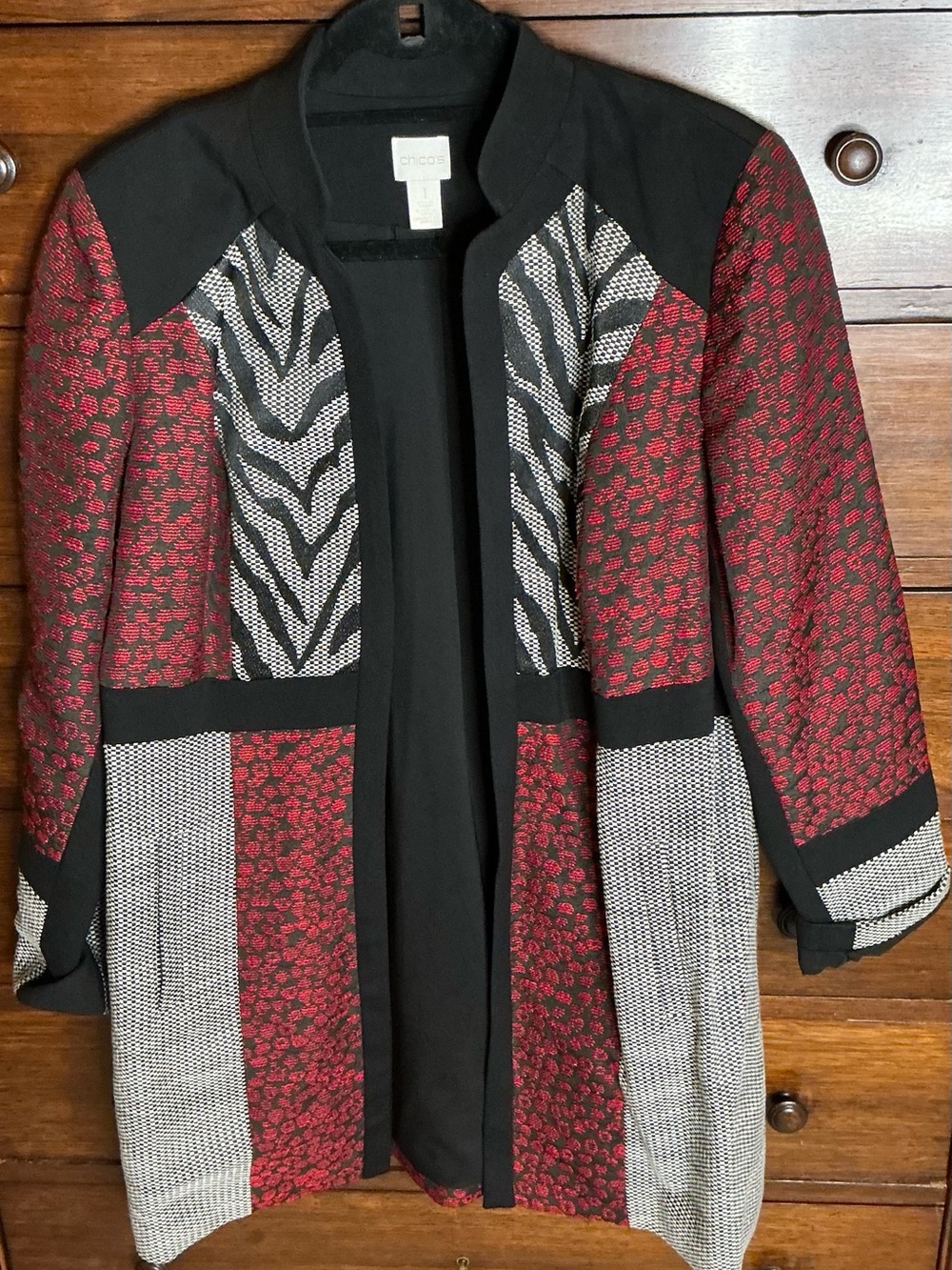 Chico's Red and Black Mixed-Print Open Front Long Jacket